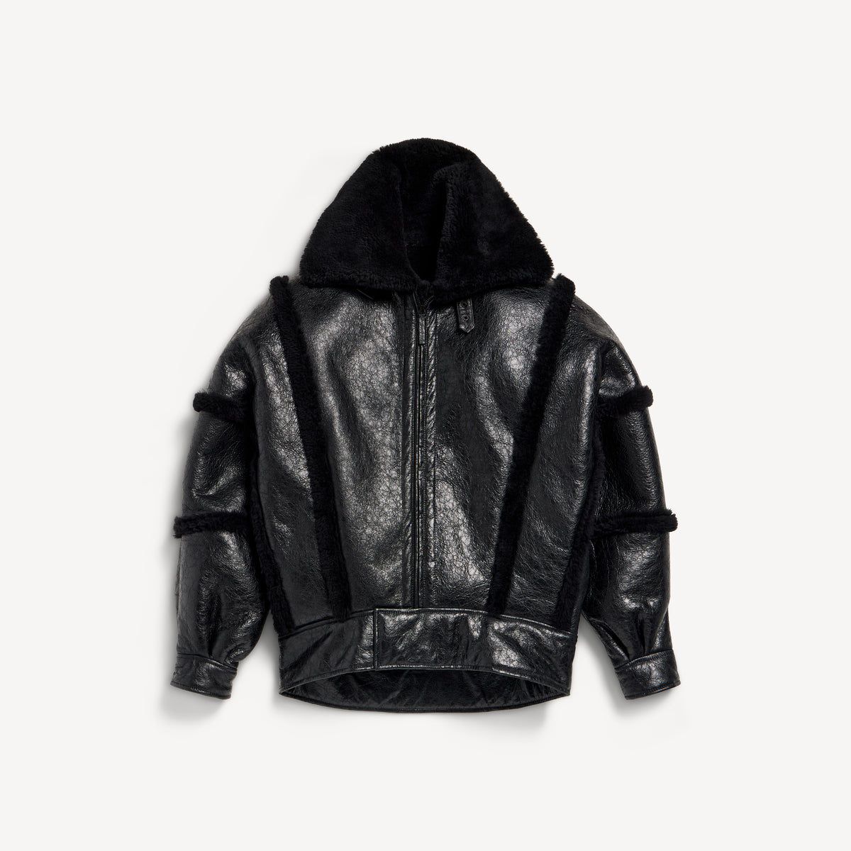 High collar leather jacket with shearling details and lining - Black