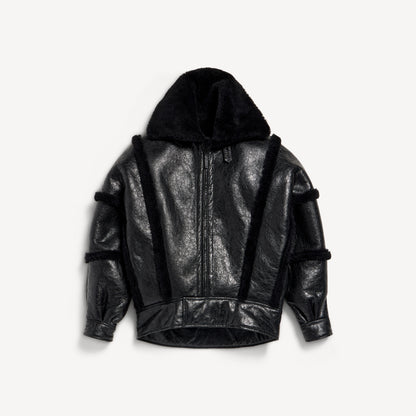 High collar leather jacket with shearling details and lining - Black