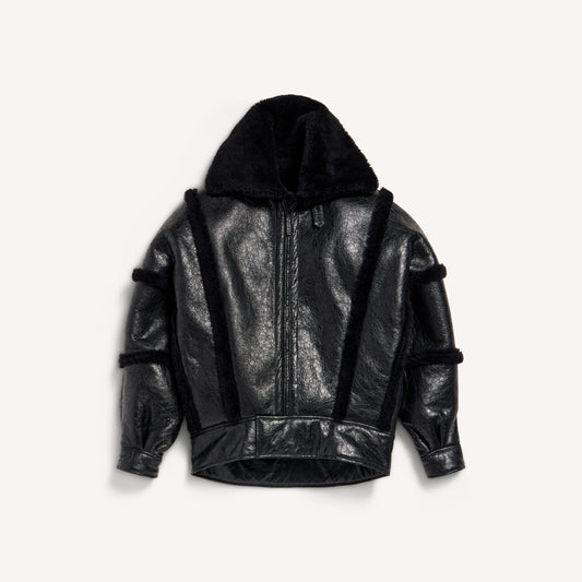 High collar leather jacket with shearling details and lining - Black