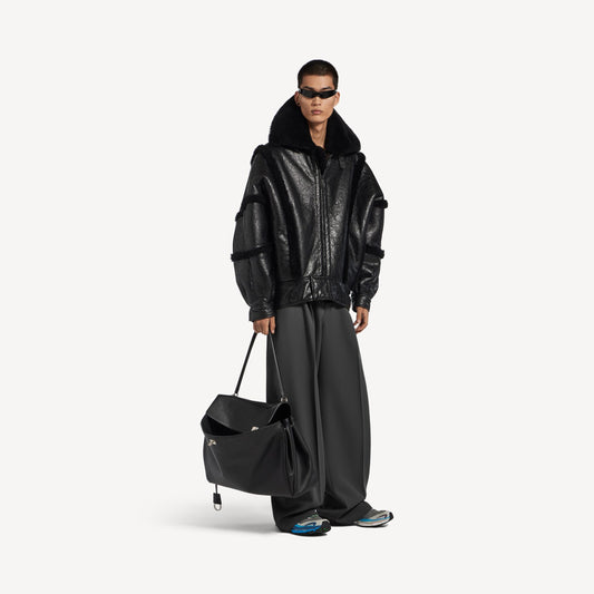 High collar leather jacket with shearling details and lining - alternative view